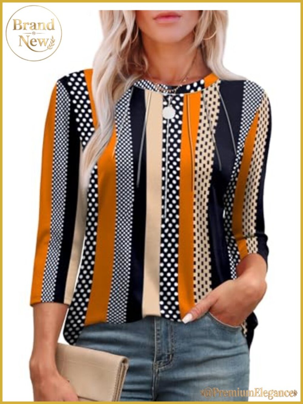 Womens 3/4 Sleeve Pleated Tunic Top Round Neck Loose Fit Casual Shirt
